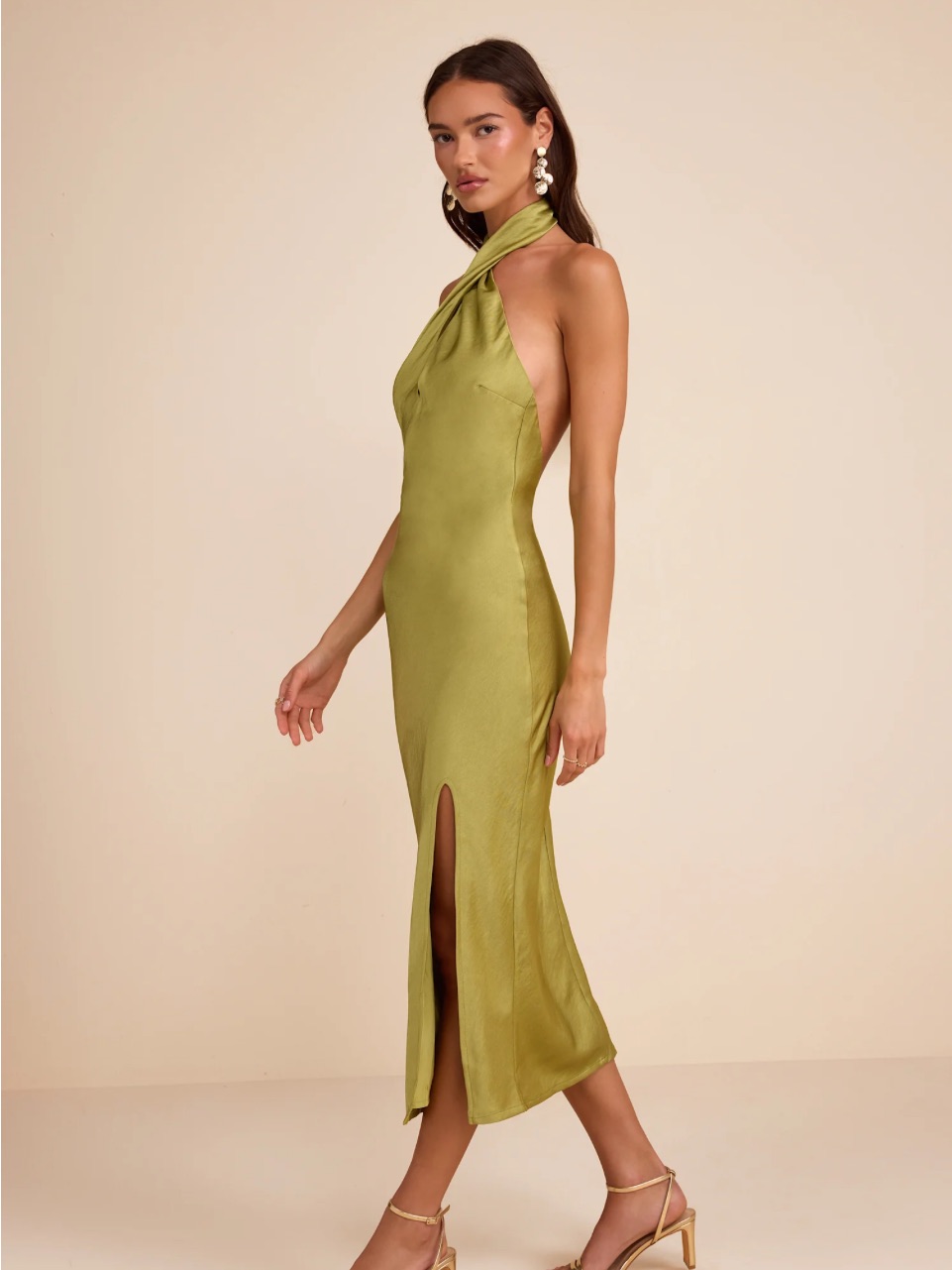 New Lulu's Olive Green Halter V-Neck Maxi Dress
